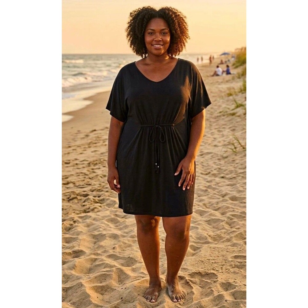 Catherines Women's 5X Black Solid V-Neck Short Sleeve Knit Tie Waist Dress